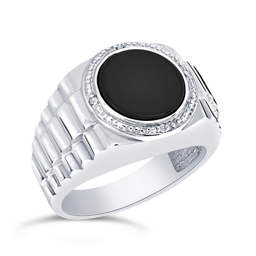 Sterling Silver Round 11mm Genuine Black Onyx & Diamond Men's Ring - 第 1/1 張圖片