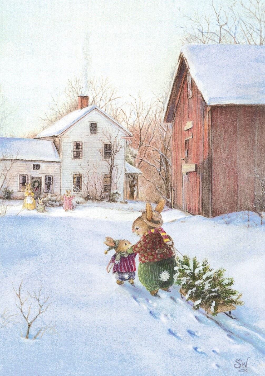 Vintage Nostalgic Bunny Christmas Card ~ Bringing Home The Tree ~ H Pond~Wheeler
