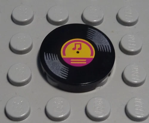 Lego Tile - Tile Round 2x2 Black with Decor Record
