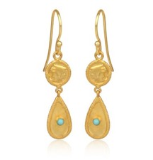 Long Drop Charm Earring Yellow Gold Plated Pear  Round Dangle Earring Turquoise