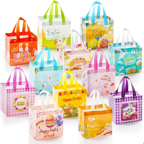 12Pcs Easter Bags with Handles, Reusable Non-Woven Easter Basket Egg Hunt Gift B