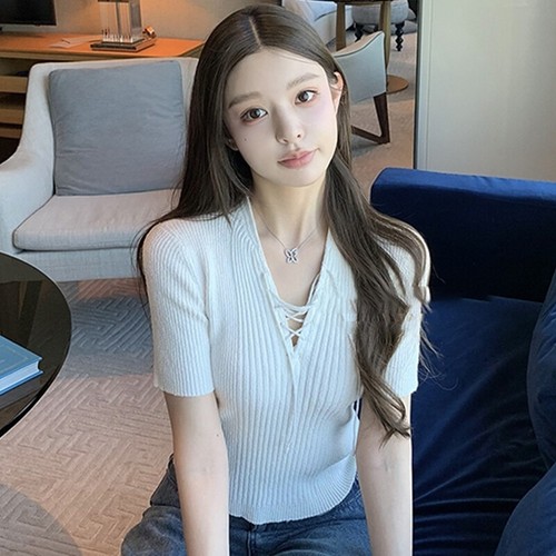Sexy Short-sleeved Sweater For Women Pure And Sexy Slim And Elegant Top-j - Picture 9 of 13