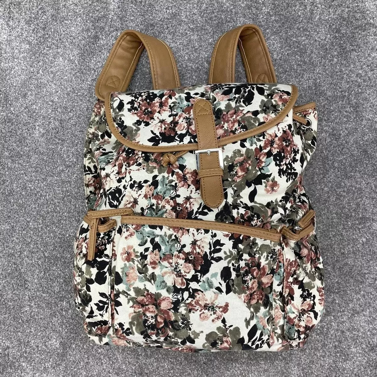 PIMKIE CREAM FLORAL GREEN BACKPACK SATCHEL RUCKSACK BROWN VINTAGE