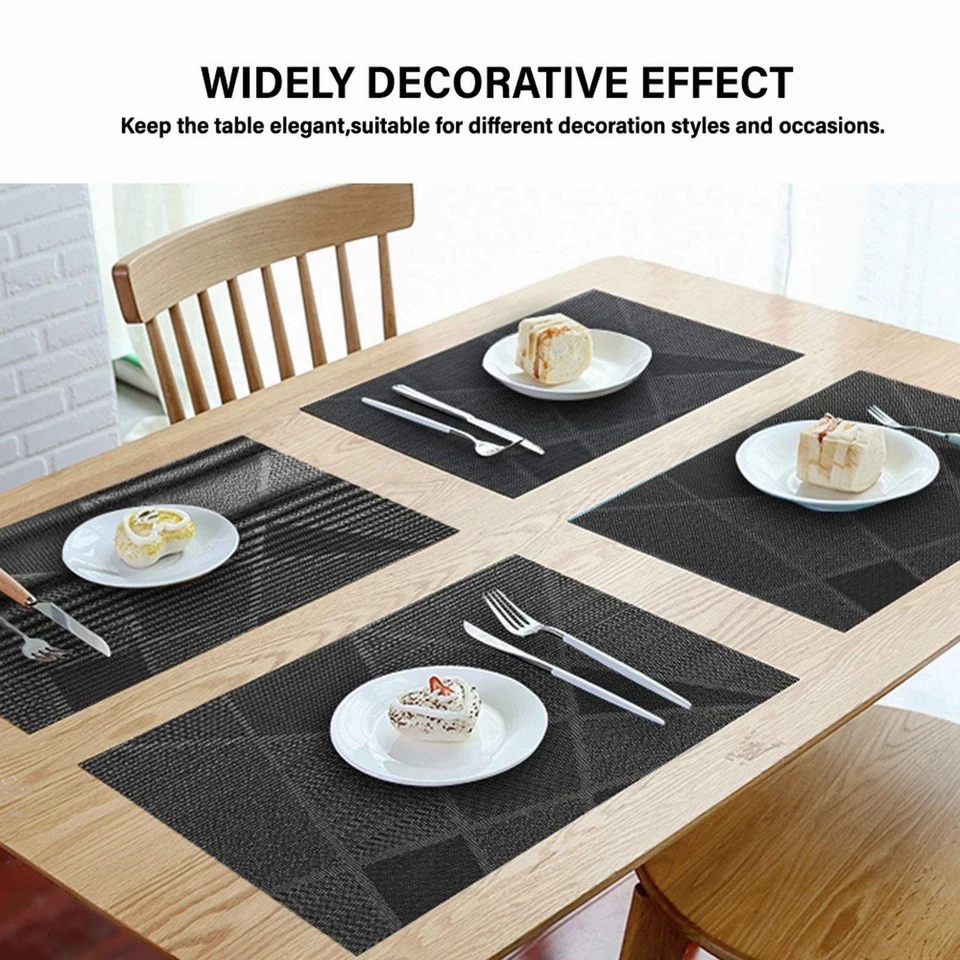 Set de Table Lavable Lot de 6 PVC Plastique Sets Noir Gris Rectangulaire Dess... - Photo 3/4