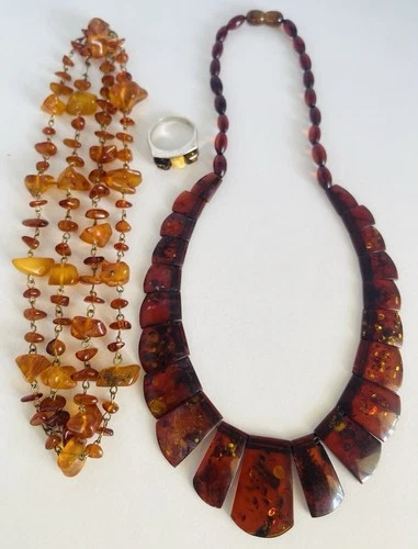 Antique Art Deco Vintage Insect Amber & Egg Yolk Amber Bulk Jewellery Lot Silver