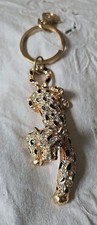 Rhinestone Leopard Cheetah Metal Keychain 3.5" Gold Tone Color Green Eyes