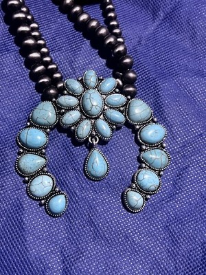 Southwestern Faux Blue Turquoise Squash Blossom Necklace & Earrings Set 