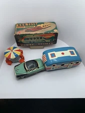 VINTAGE 1950'S SSS TIN  FRICTION CADILLAC SEDAN with HOUSE TRAILER And...