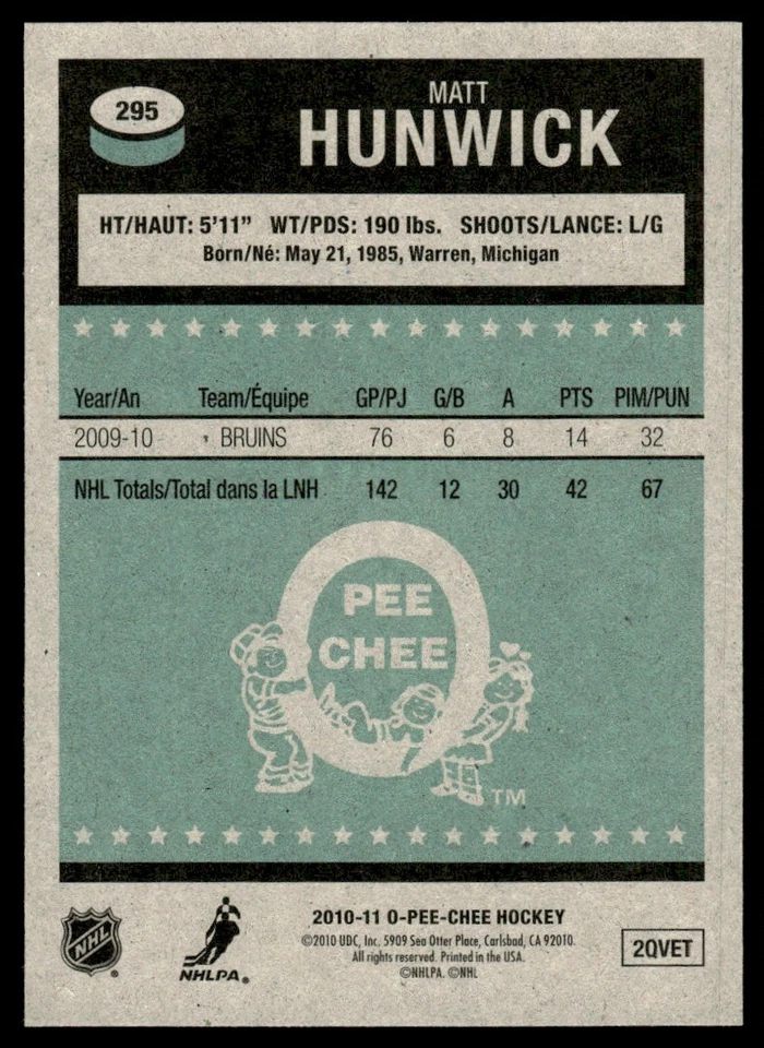 2010-11 O-Pee-Chee Retro Matt Hunwick Boston Bruins #295 - Image 2 of 2