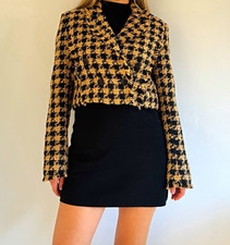 House of Harlow 1960 Houndstooth Tweed Cropped Jacket Lined Button Beige/Black S