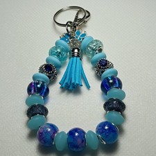 Handmade Blue Beaded Tassel Key Chain Flower Accents Boho Style for Women
