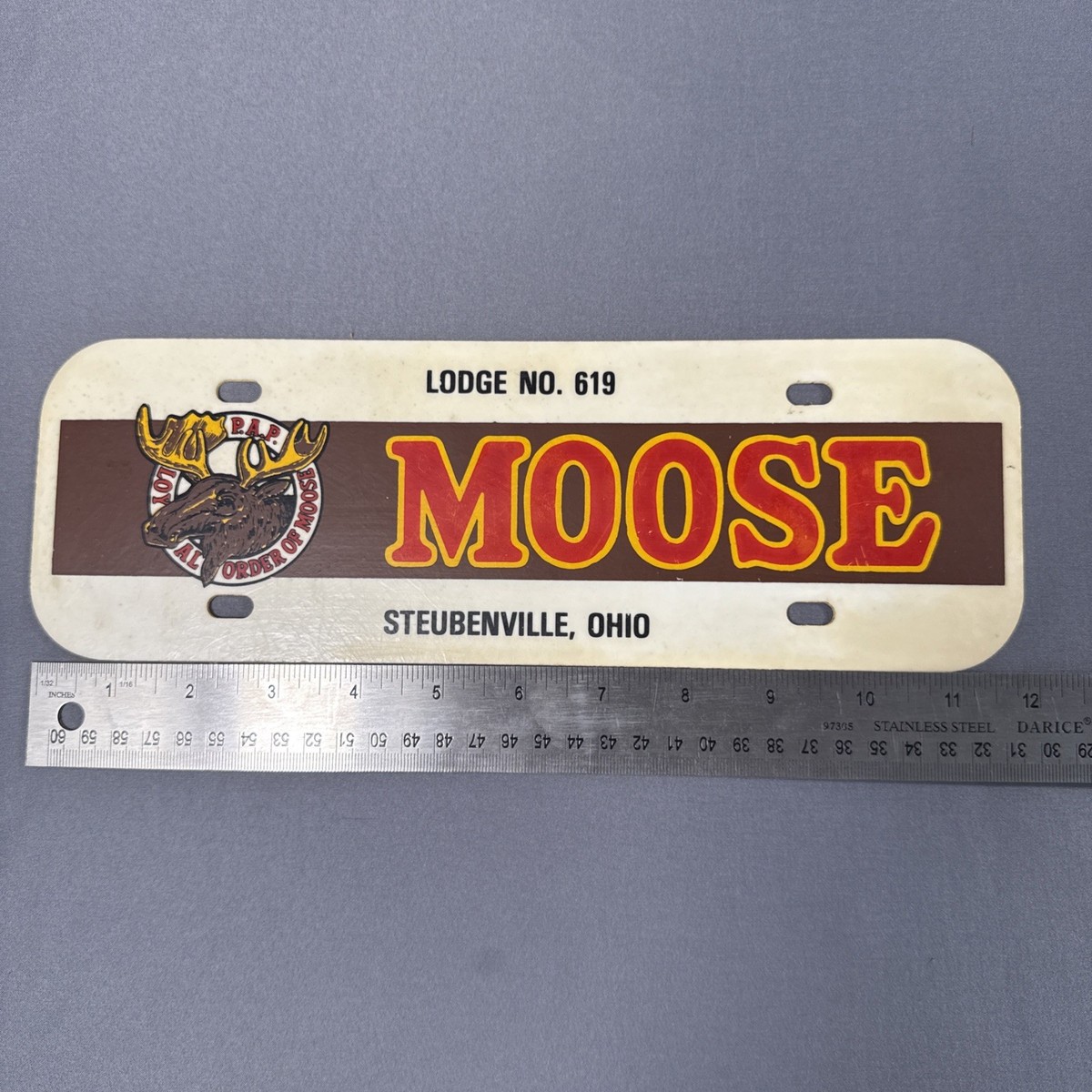 Vintage Moose Lodge 619 Steubenville, Ohio Plastic Vanity License