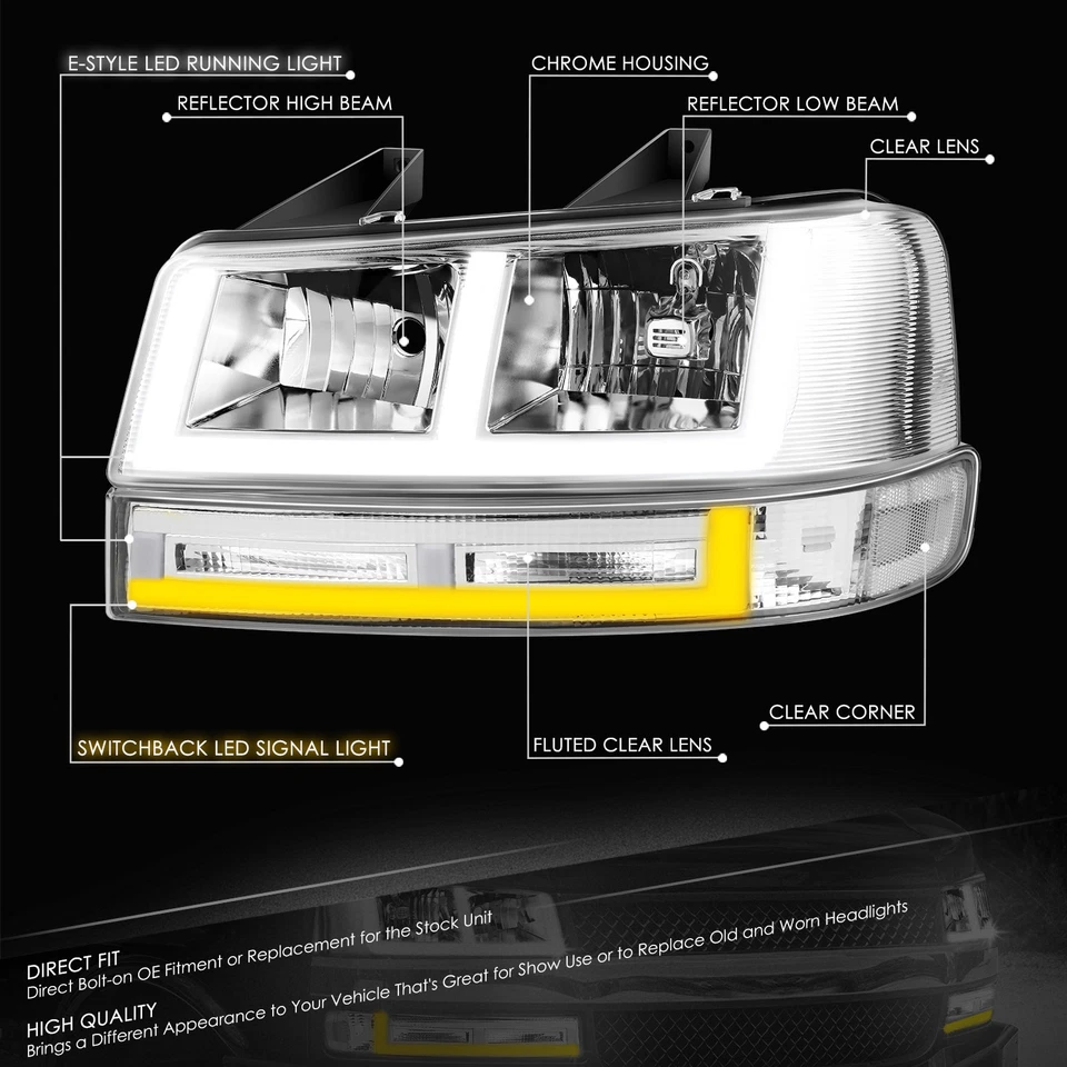适用于 2003 - 2023 Express/Savana 1500 - 3500 Switchback E-LED 杆 DRL 车头灯 铬 — 第 2/4 张图片