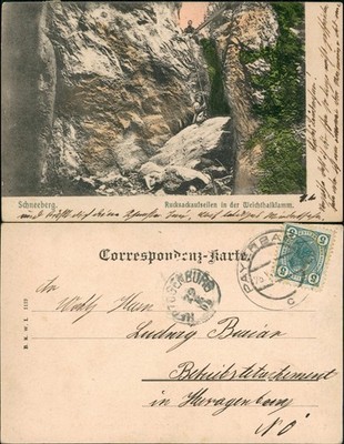 Schneeberg (bei Puchberg) Rucksackaufseilen in der Weichthalklamm. 1905