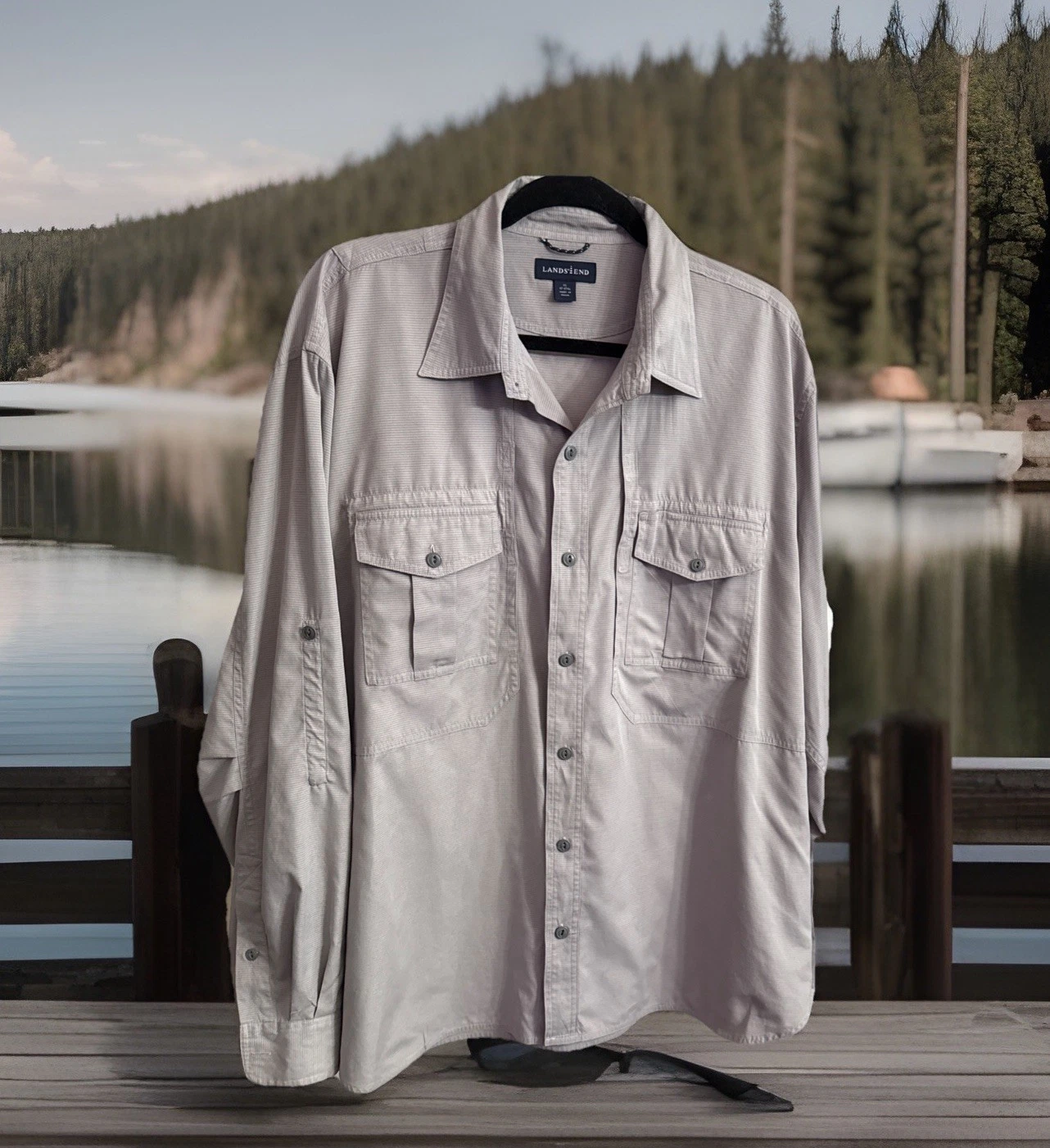 Lands End Vented Button Down Shirt Mens XL Gray Long Sleeve Roll Tab Hiking Golf
