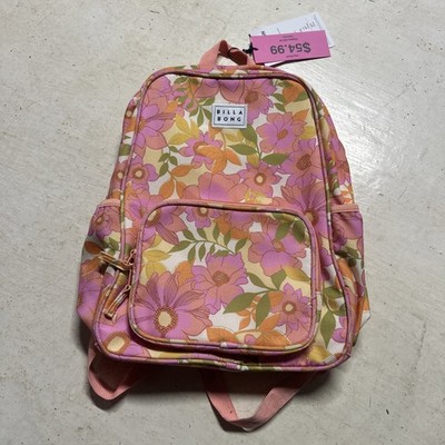 Billabong Brand Stash It Laptop Backpack Blush Pink Floral Canvas New School Bag