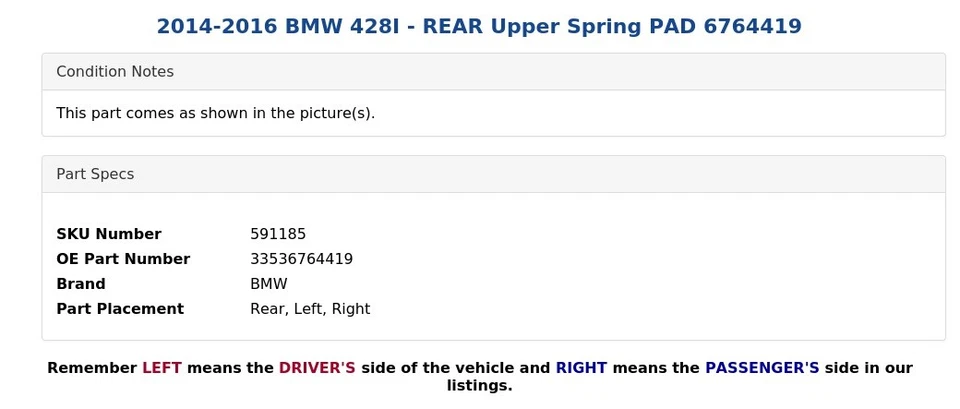 2014-2016 BMW 428I - REAR Upper Spring PAD 6764419 - Image 4 of 4