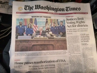 The Washington Times Thursday April 30 2026 Modern Day Pioneers . President...