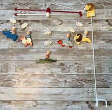 Vintage 1950s 1960s Crib Baby Nursery Mobile Painted Wood Angels Animals IRMI