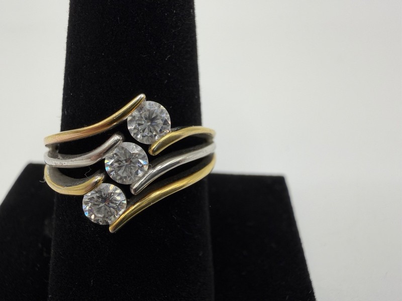 D’Joy Sterling Silver Triple Stone Ring Three Tone Swirl Design Size 9