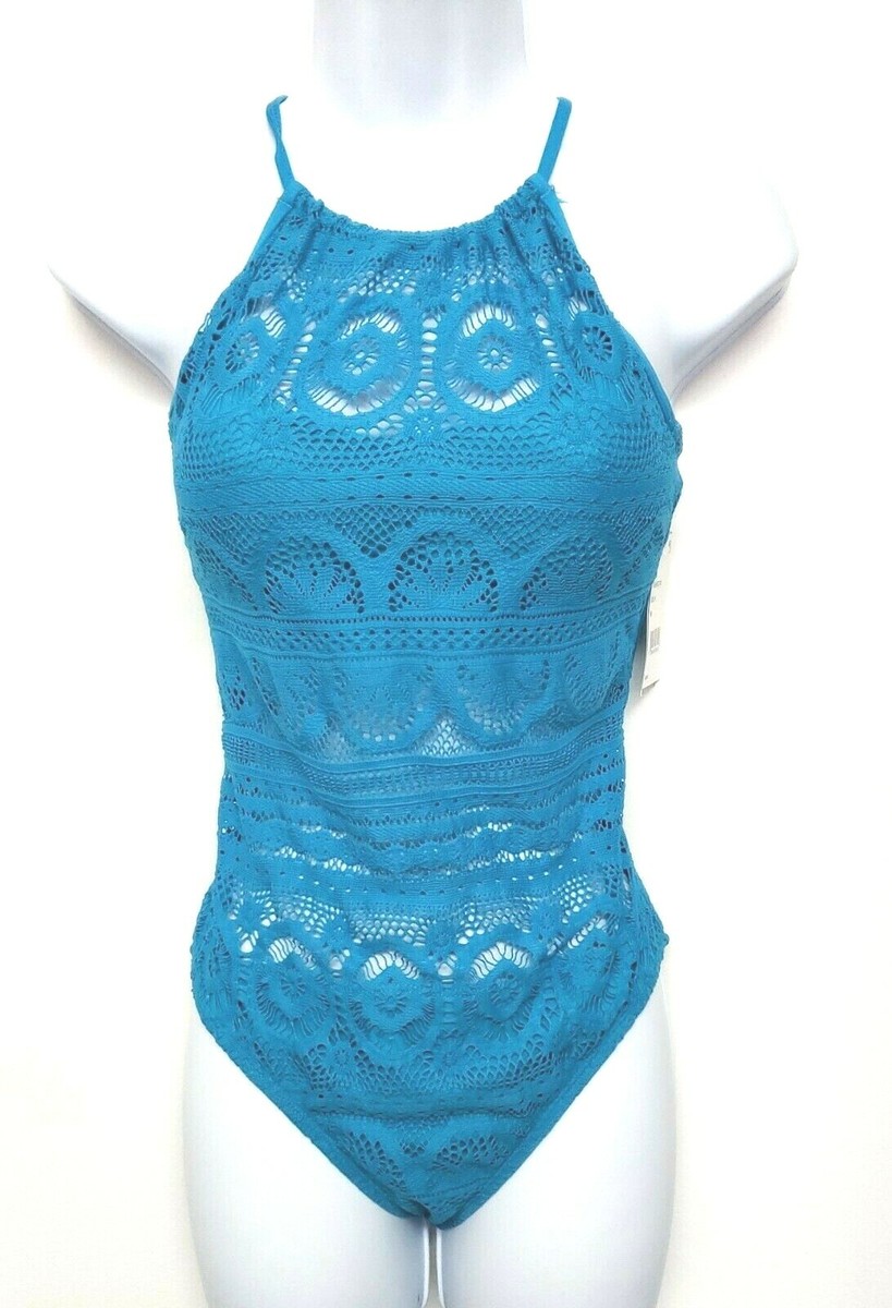 Kenneth Cole Reaction Crochet High Neck Swimsuit Teal Blue