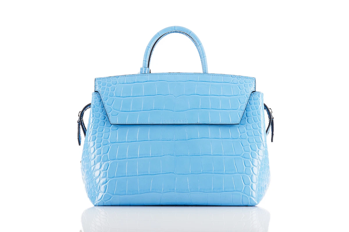BURBERRY Catherine Bag Medium Blue Croc Embossed Leather Zip Tote NEW TAGS