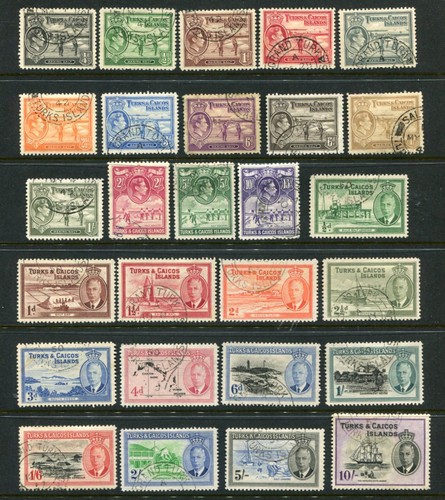 TURKS CAICOS ISLANDS 1938-50 KGVI Used Lot 2 Sets 27 Stamps cat £100