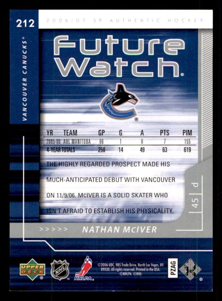 2006-07 SP Authentic #212 Nathan McIver RC /999 (ref 240112) - Image 2 of 2