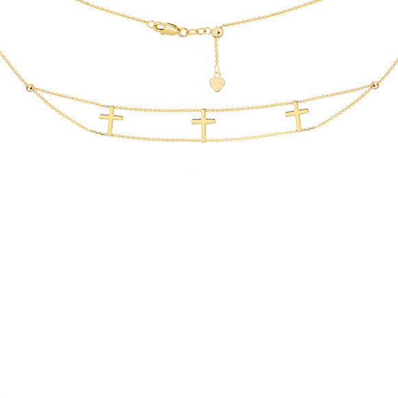 14K Solid Gold Triple Cross Choker Necklace 16" Adjustable Religious eBay