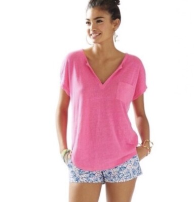 NWOT Lilly Pulitzer Duval Top Notch V Neck Short Sleeve Shirt Linen Pink XXS