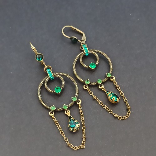Michal Negrin Earrings Hoop Green Crystals Chain Long Dainty Statement Deco Gift - Picture 4 of 16