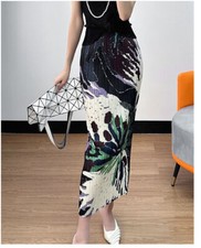 2024 Fashion Printed Pleated Half Skirt Slit Straight Cut A-line Half Skirt