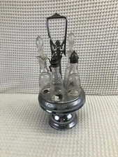 Antique Middletown Plate Co. 1866c.Chrome/Silver-Plated 5Pc. Cut Glass Cruet Set