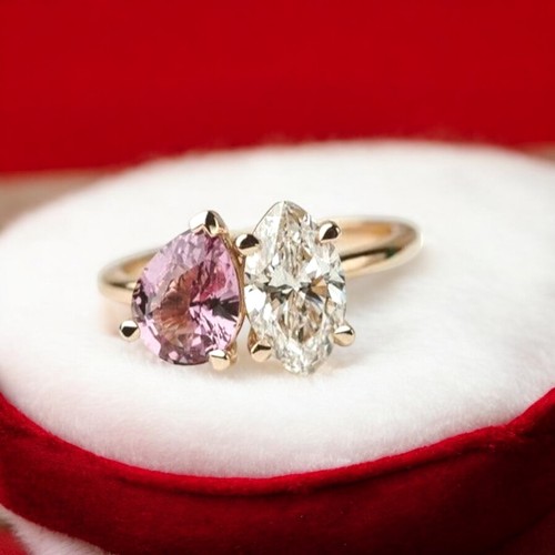 Lab Created Pink Sapphire Diamond Ring 3.60 Ct Pear & Marquise 18K Yellow Gold - Picture 6 of 7