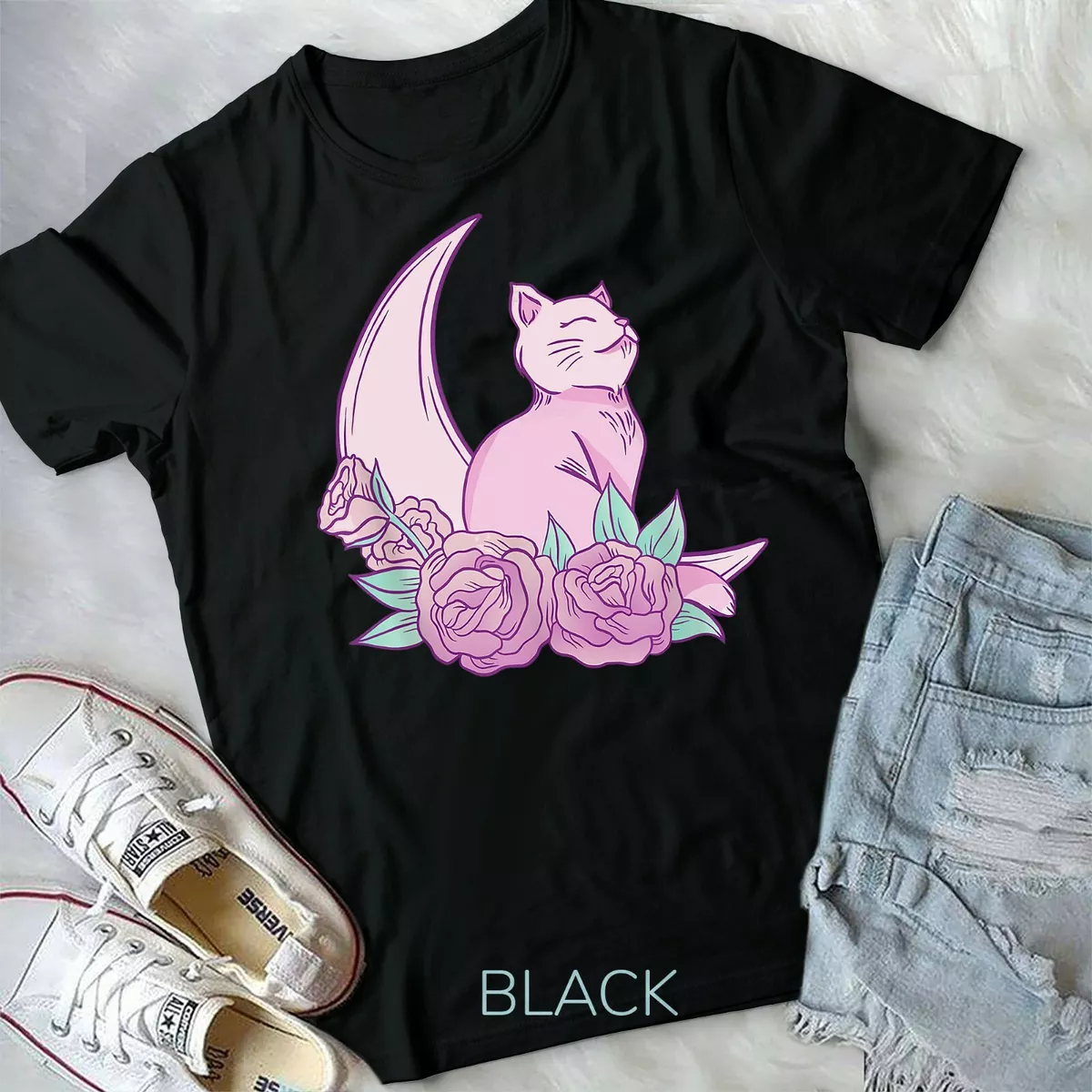 Cat Moon Roses Pastel Goth Aesthetic Kawaii Teen Girls Women Unisex Form  T-Shirt