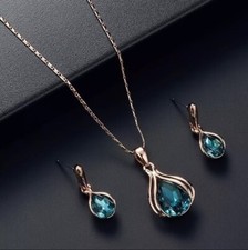 Elegant Blue Water Drop Gold Tone Earrings Necklace Jewelry Set