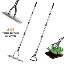 2 in 1 Garden Long Handle Thatch Rake/Oscillating Stirrup Hoe Weeder Lawn Rake