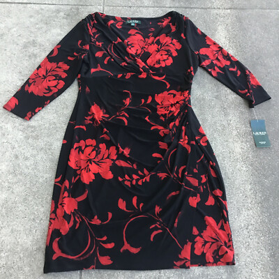 Lauren Ralph Lauren Black Red Floral Wrap 3/4 Sleeve Midi