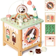PairPear Wooden Activity Cube Montessori Busy Board for Toddlers 1 2 3 Year Old
