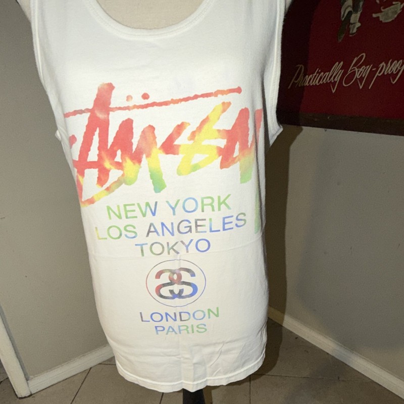Stussy Men's White Double-Sided Logo Graphic Print Sleeveless Tank rare M 90s