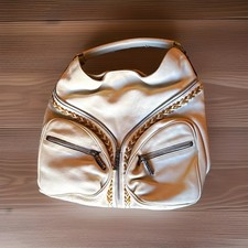 Borsa a tracolla Versace avorio ciottoli chiave greca chiusura zip tasche interne argento