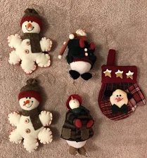 5 Cracker Barrel Snowman Christmas Ornaments Felt Plush Rustic Country Cabin