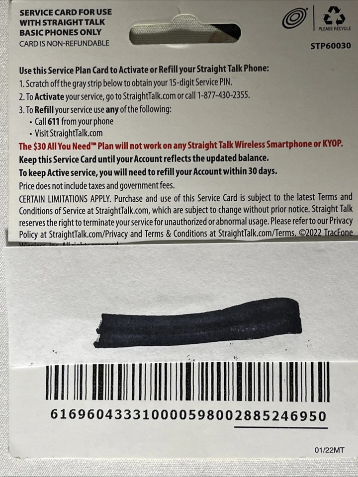 Straight Talk Basic Phone Card Unused, $30 Value for Cell Phone! 30 Day Plan! - Image 2 of 2