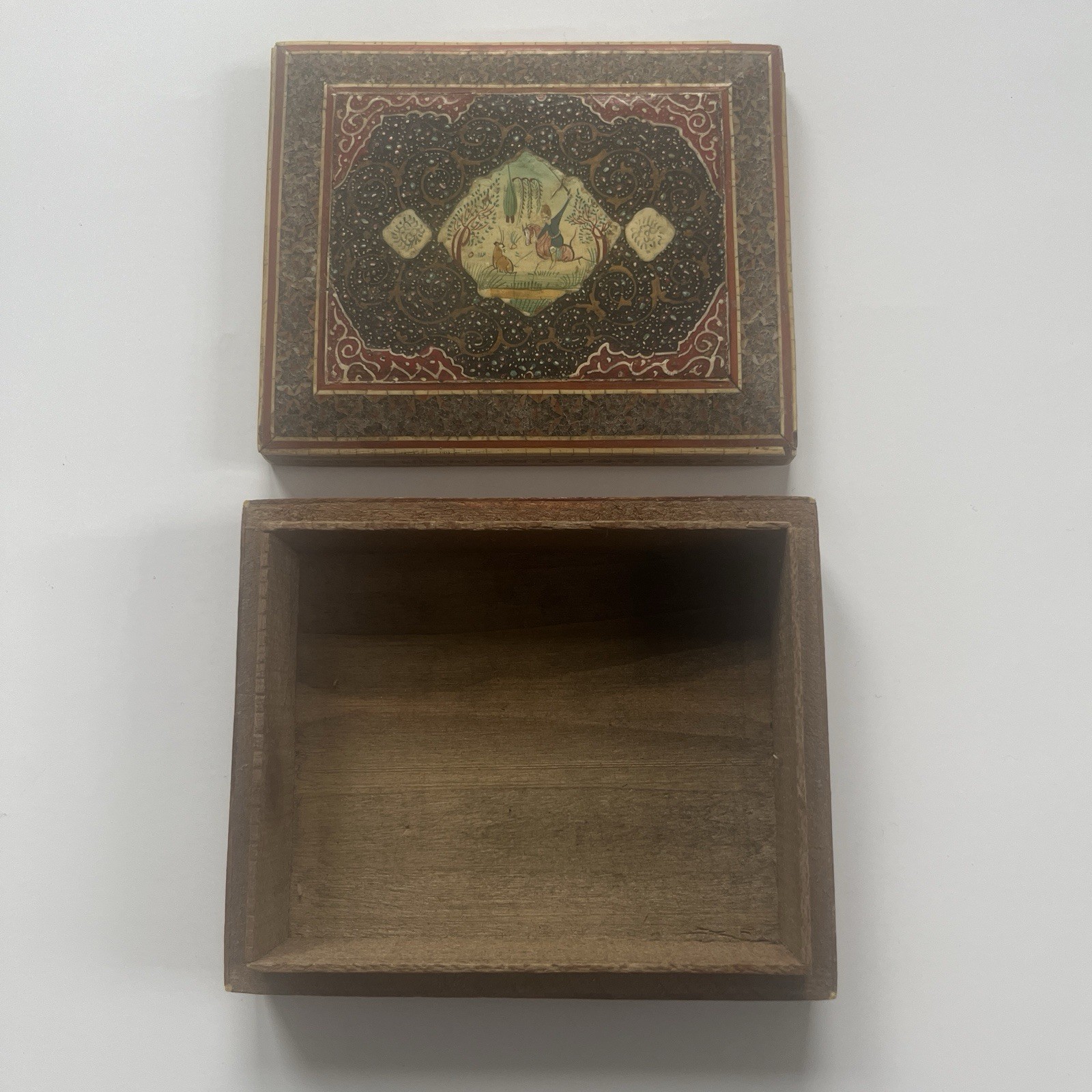 Vintage Persian Khatam Inlaid Micro Mosaic Jewelry box hand Painted 5’’ X 4.5’’