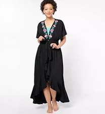 America  Beyond Embroidered Tie Waist Caftan Black Size Large