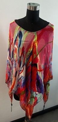 DILEMMA HAND PAINTED  ABSTRACT ART SILK PONCHO TOP BLOUSE One Size