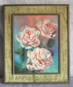 IMPRESSIONIST OIL PAINTING PINK ROSES FOLK ART SIGNED FRAMED MID CENTURY FLOWERS