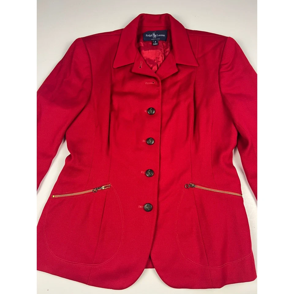 Blazer Ralph Lauren Rojo De Colección Mujer Talla 8 Dorado Bolsillos con Cremallera Clásico A Medida Foto 3 de 4