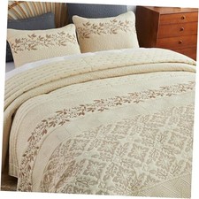 Floral Embroidered Quilt Set King Size 3 Piece Bedding King 106"X 96" Beige