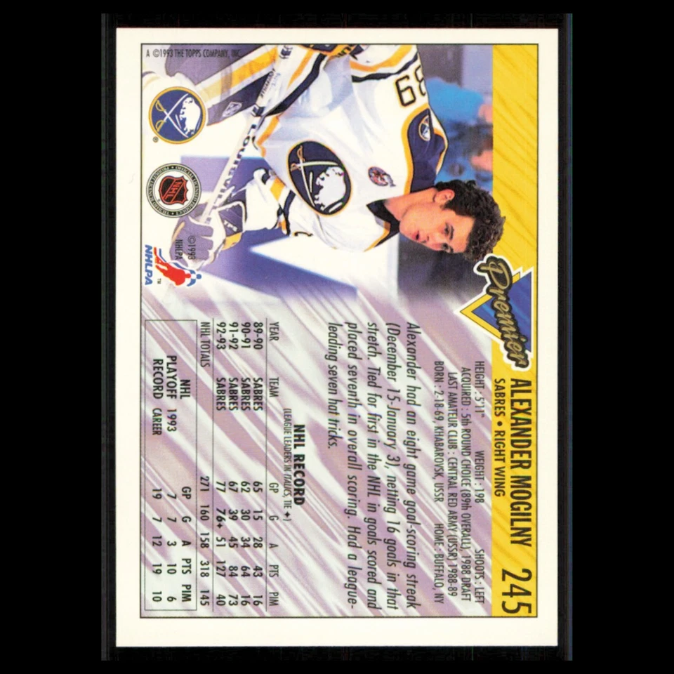 Alexander Mogilny #245 1993 Topps Premier Buffalo Sabres Hockey Card NHL NM - Image 2 of 3